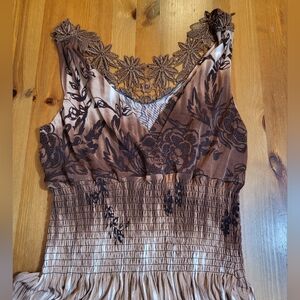 Brown Flower Pattern, Floral Lace Backpiece, Maxi Dress Size XL, Fairycore